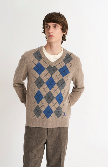 Men's Kessock  V-neck Supersoft Lambswool Argyle Jumper In Mushroom / Blue / Grey