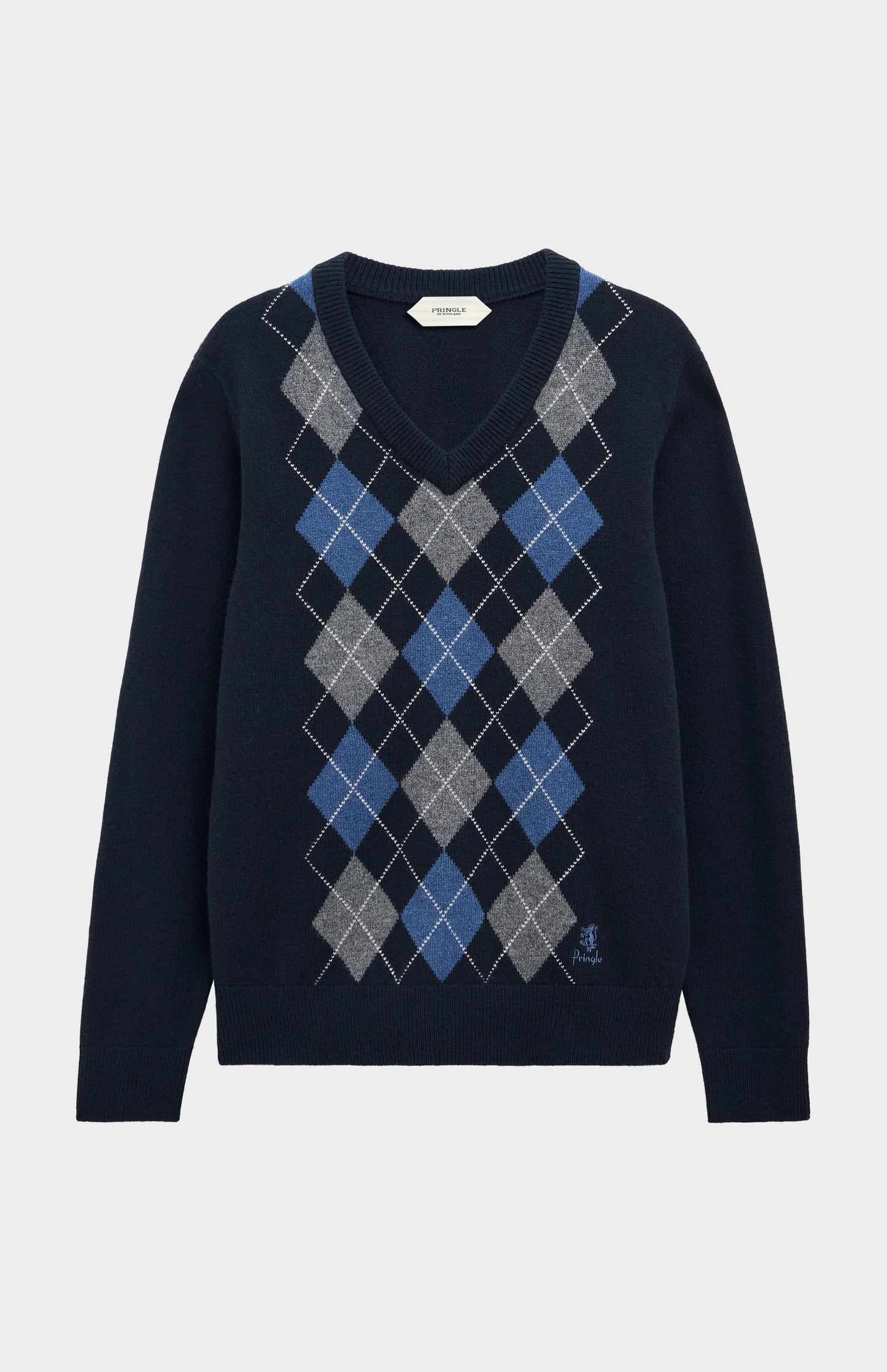 Men's Kessock  V-neck Supersoft Lambswool Argyle Jumper In Navy / Sea Blue / Grey Melange