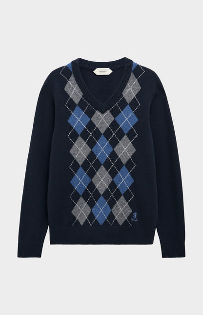 Men's Kessock  V-neck Supersoft Lambswool Argyle Jumper In Navy / Sea Blue / Grey Melange