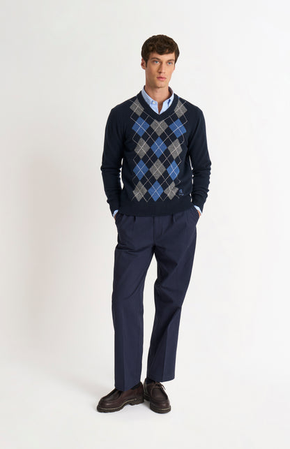 Men's Kessock  V-neck Supersoft Lambswool Argyle Jumper In Navy / Sea Blue / Grey Melange