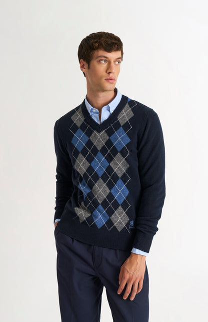 Men's Kessock  V-neck Supersoft Lambswool Argyle Jumper In Navy / Sea Blue / Grey Melange