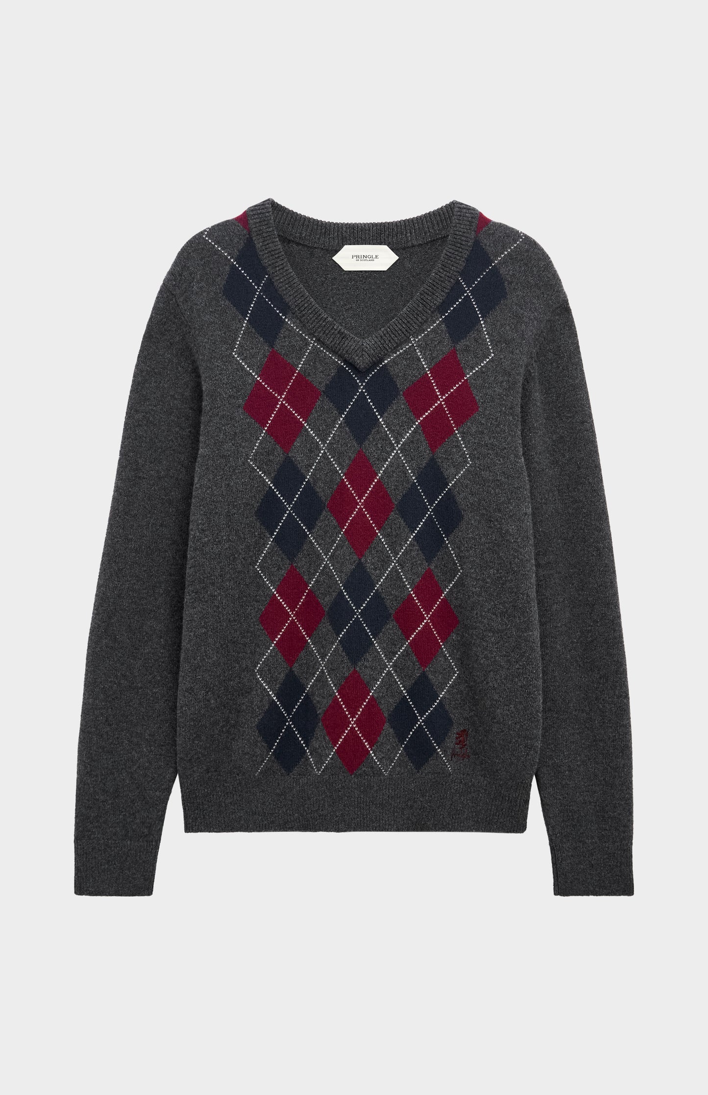 Men's Kessock  V-neck Supersoft Lambswool Argyle Jumper In Charcoal / Burgundy / Navy