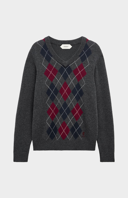 Men's Kessock  V-neck Supersoft Lambswool Argyle Jumper In Charcoal / Burgundy / Navy
