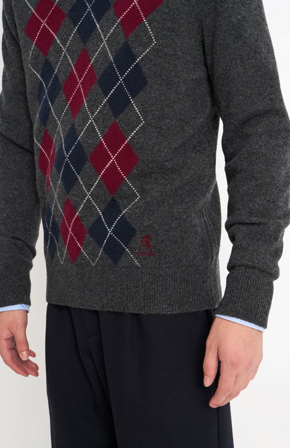 Men's Kessock  V-neck Supersoft Lambswool Argyle Jumper In Charcoal / Burgundy / Navy