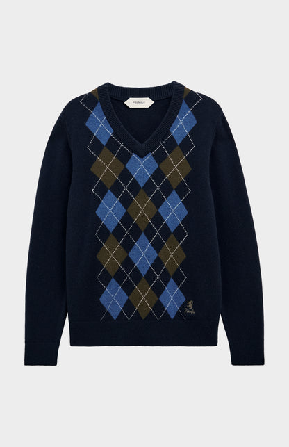 Men's Kessock  V-neck Supersoft Lambswool Argyle Jumper In Navy / Blue / Olive
