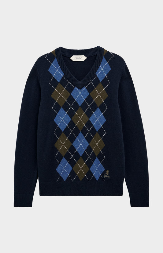 Men's Kessock  V-neck Supersoft Lambswool Argyle Jumper In Navy / Blue / Olive