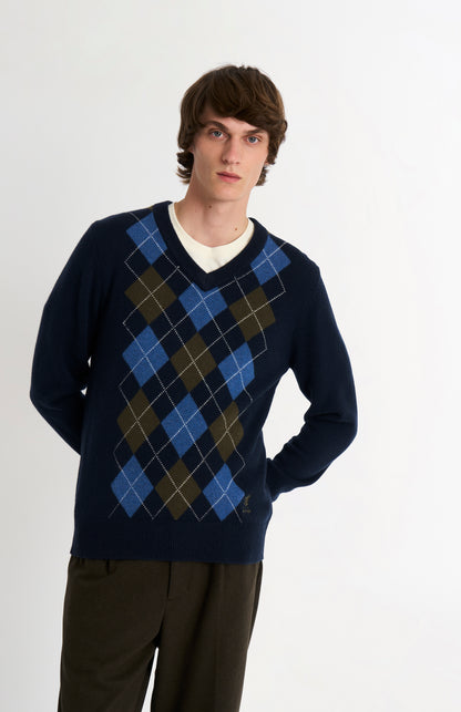 Men's Kessock  V-neck Supersoft Lambswool Argyle Jumper In Navy / Blue / Olive