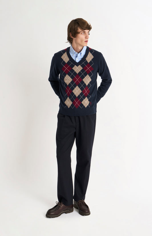 Men's Kessock  V-neck Supersoft Lambswool Argyle Jumper In Navy / Mushroom / Burgundy