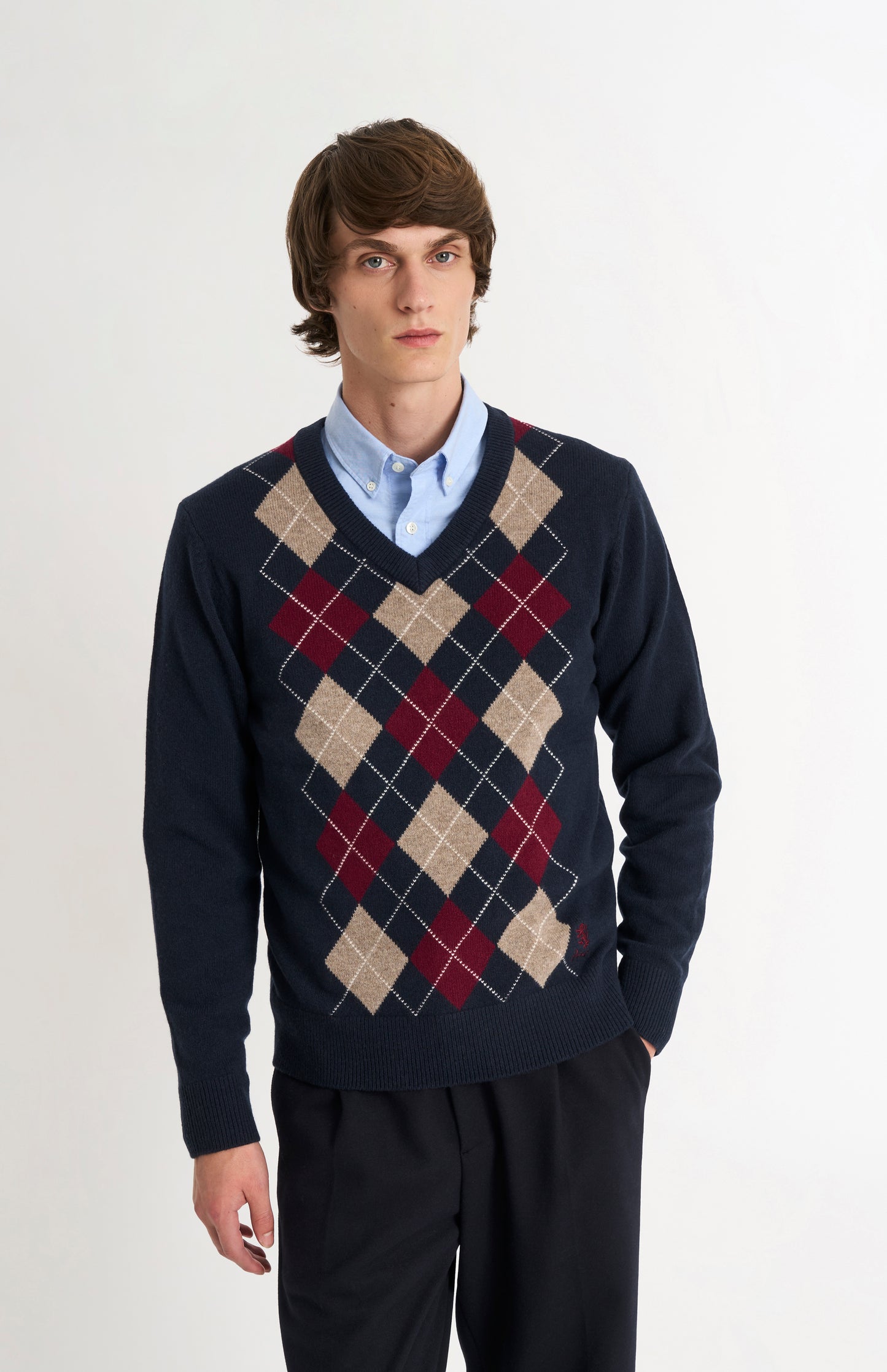 Men's Kessock  V-neck Supersoft Lambswool Argyle Jumper In Navy / Mushroom / Burgundy