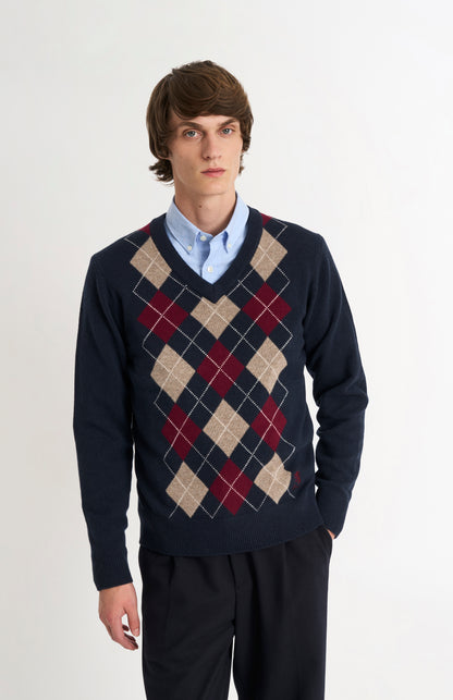 Men's Kessock  V-neck Supersoft Lambswool Argyle Jumper In Navy / Mushroom / Burgundy
