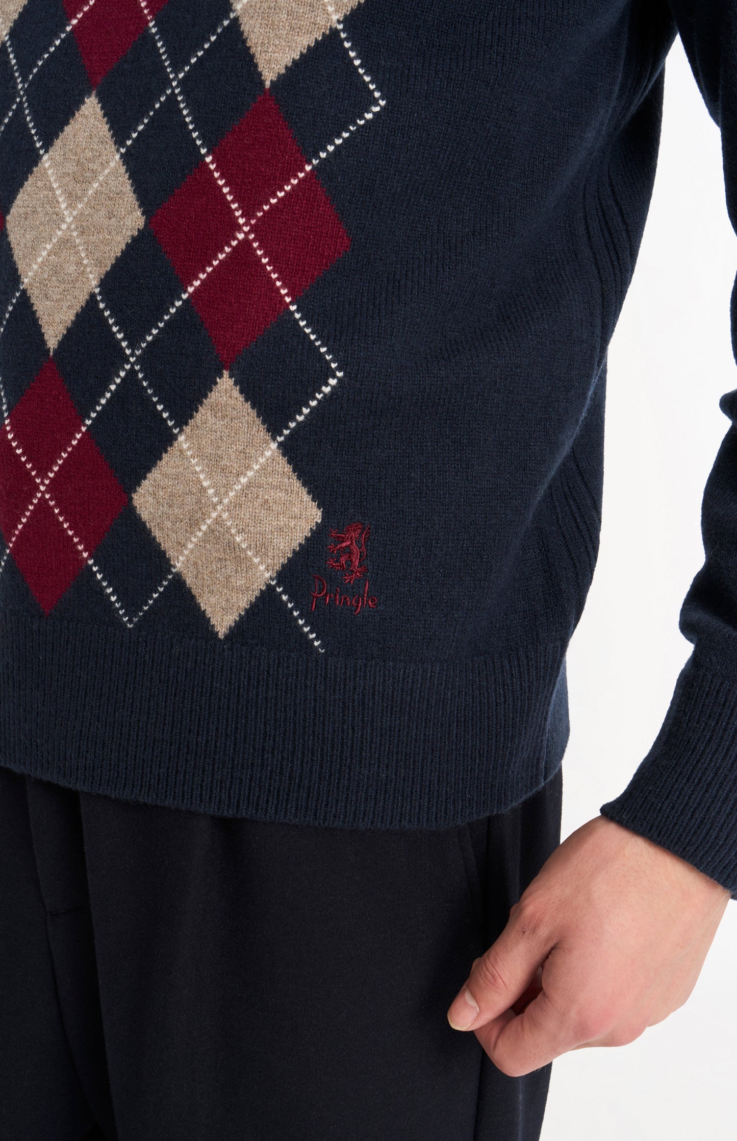 Men's Kessock  V-neck Supersoft Lambswool Argyle Jumper In Navy / Mushroom / Burgundy
