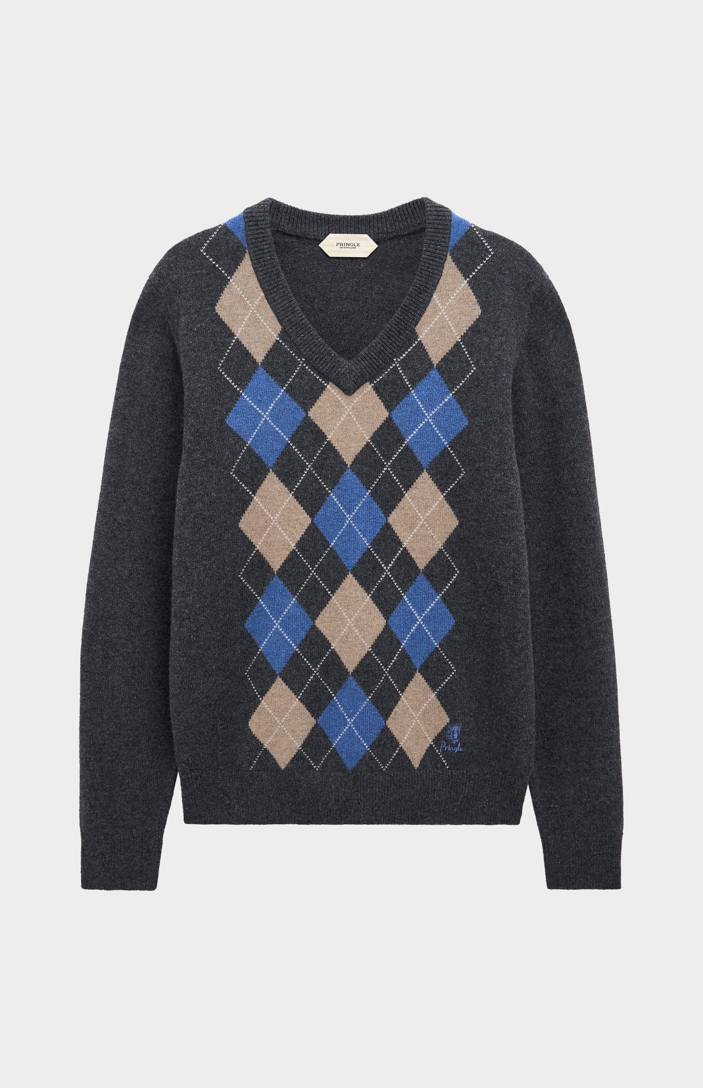 Men's Kessock  V-neck Supersoft Lambswool Argyle Jumper In Charcoal / Blue / Mushroom