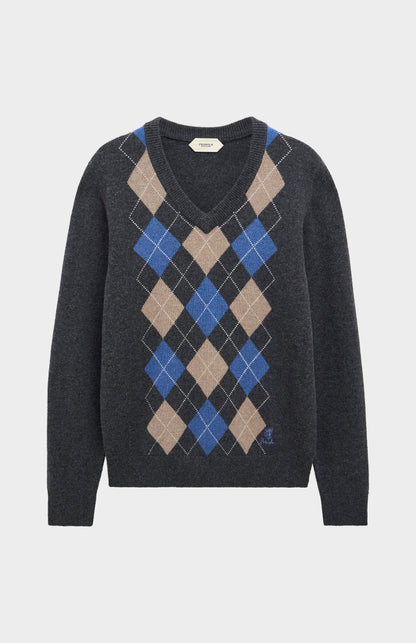 Men's Kessock  V-neck Supersoft Lambswool Argyle Jumper In Charcoal / Blue / Mushroom