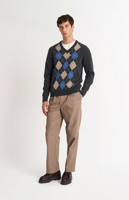 Men's Kessock  V-neck Supersoft Lambswool Argyle Jumper In Charcoal / Blue / Mushroom