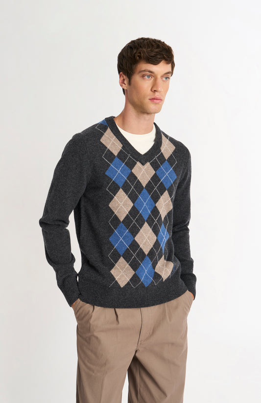 Men's Kessock  V-neck Supersoft Lambswool Argyle Jumper In Charcoal / Blue / Mushroom