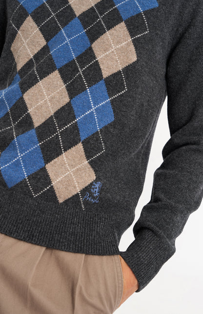 Men's Kessock  V-neck Supersoft Lambswool Argyle Jumper In Charcoal / Blue / Mushroom