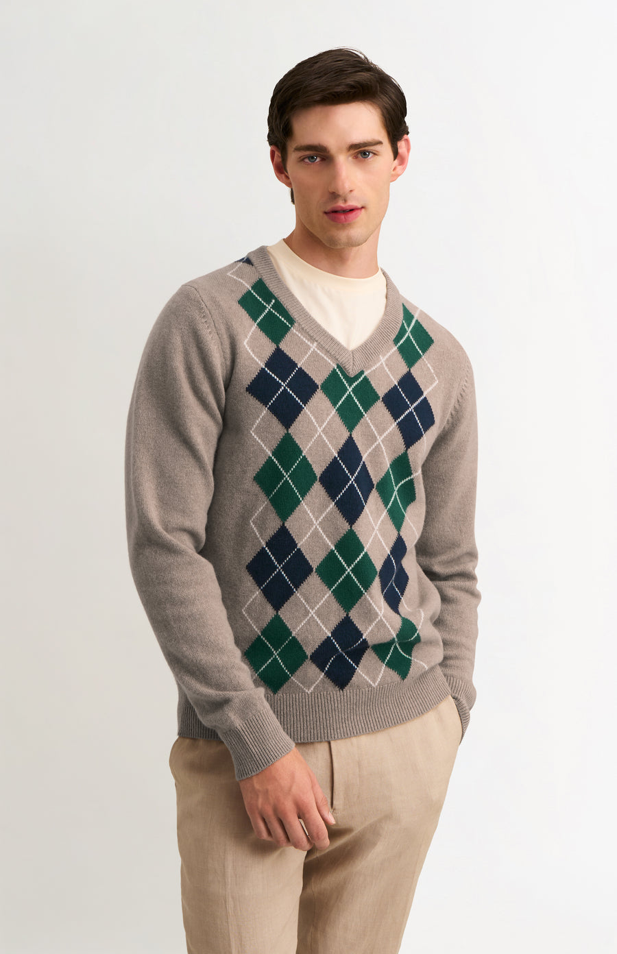 Men's Supersoft Lambswool V-neck Argyle Jumper In Camel Navy Green