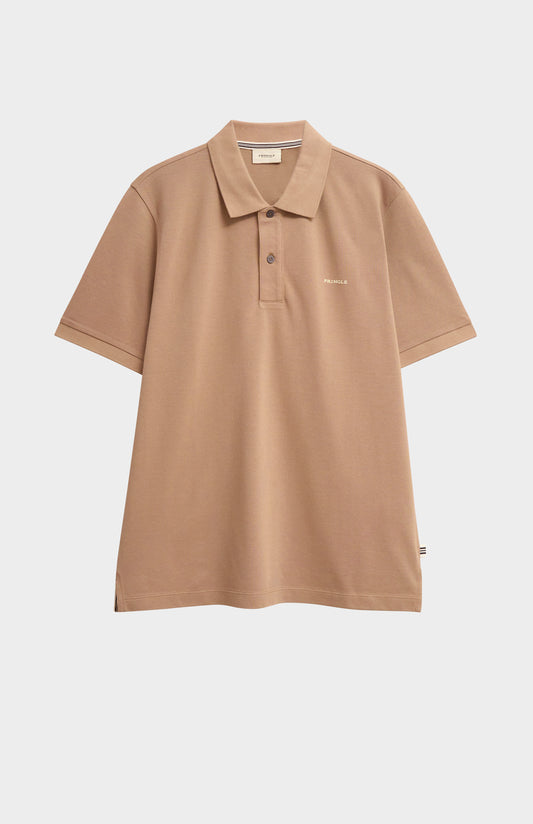 Brown polo shirt on a light gray background