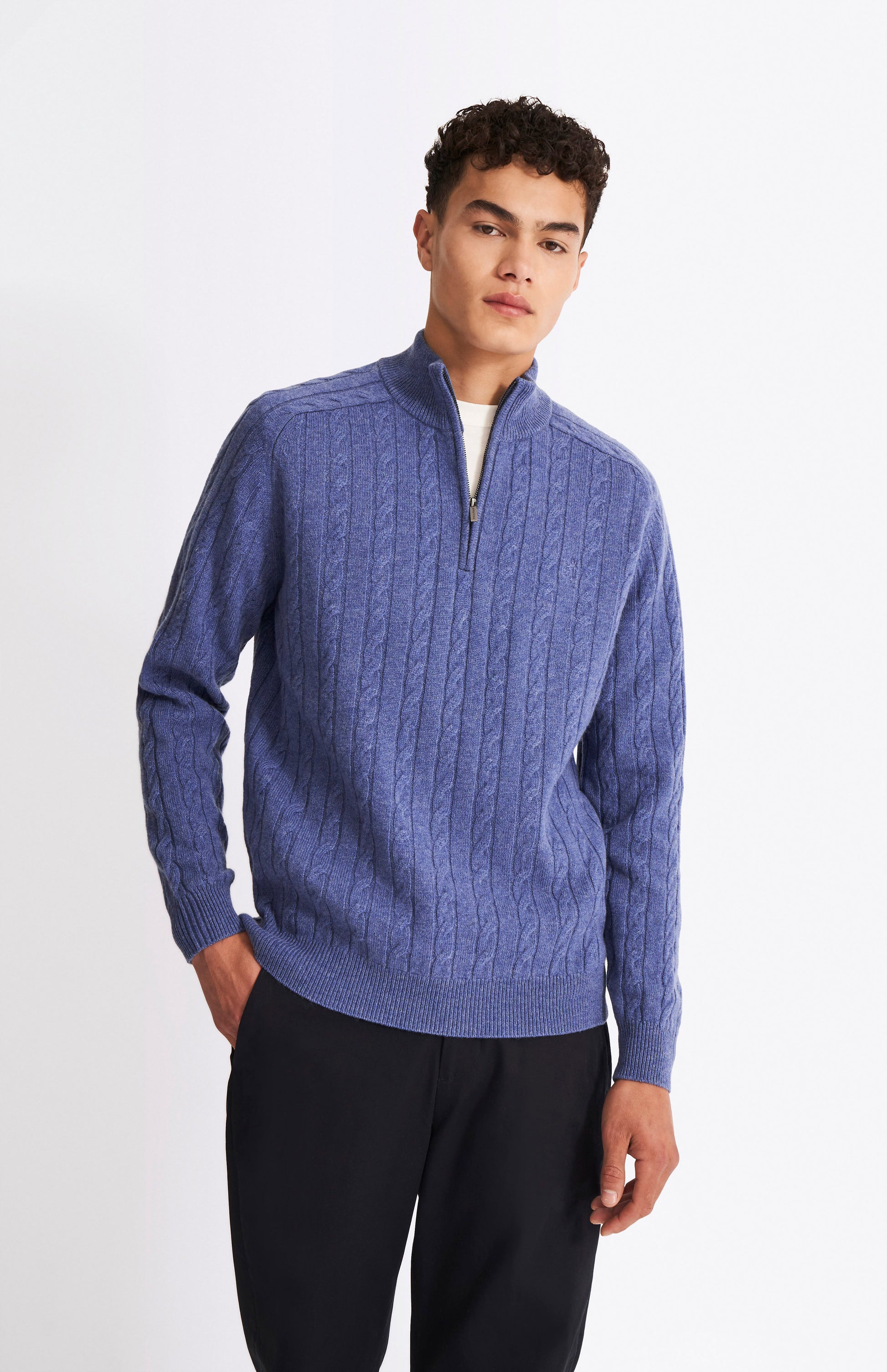 Pringle of Scotland Men's Quarter Zip Lambswool Jumper in Dark Indigo front detail