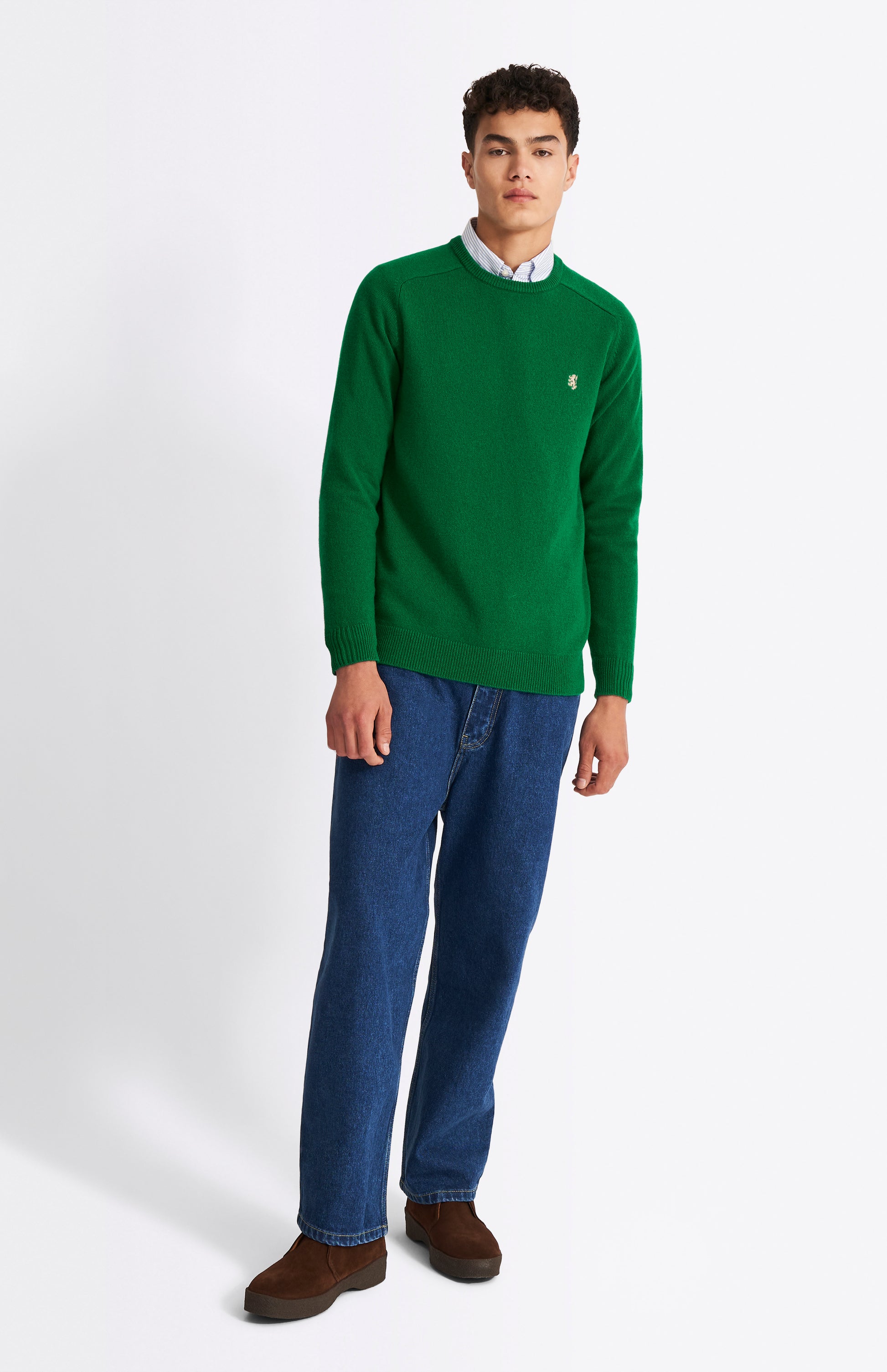 Pringle Men's Round Neck Lambswool Contrast Jumper In Dark Pine on mode full length