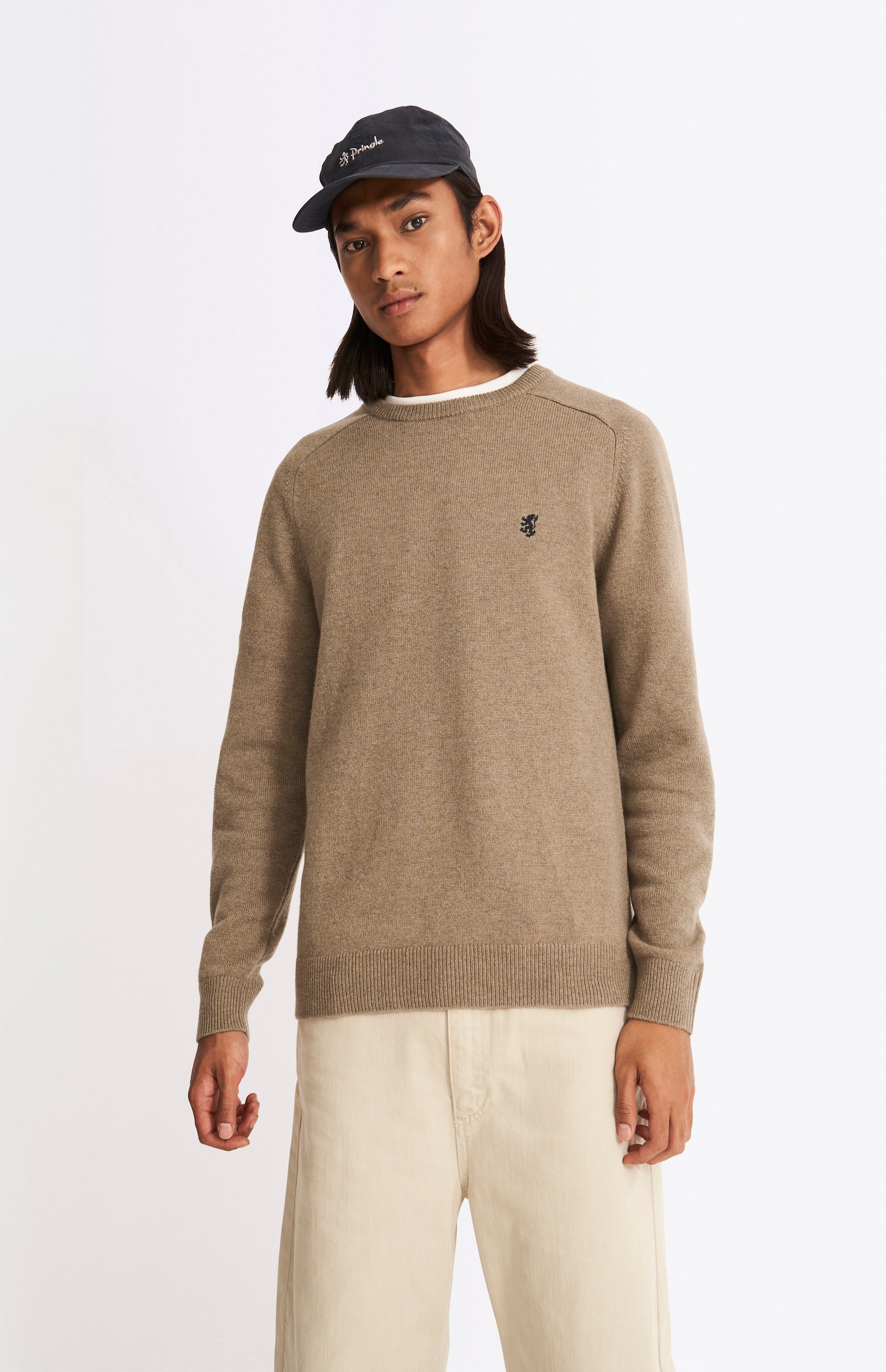 Pringle Men's Round Neck Lambswool Contrast Jumper In Dark Natural on model