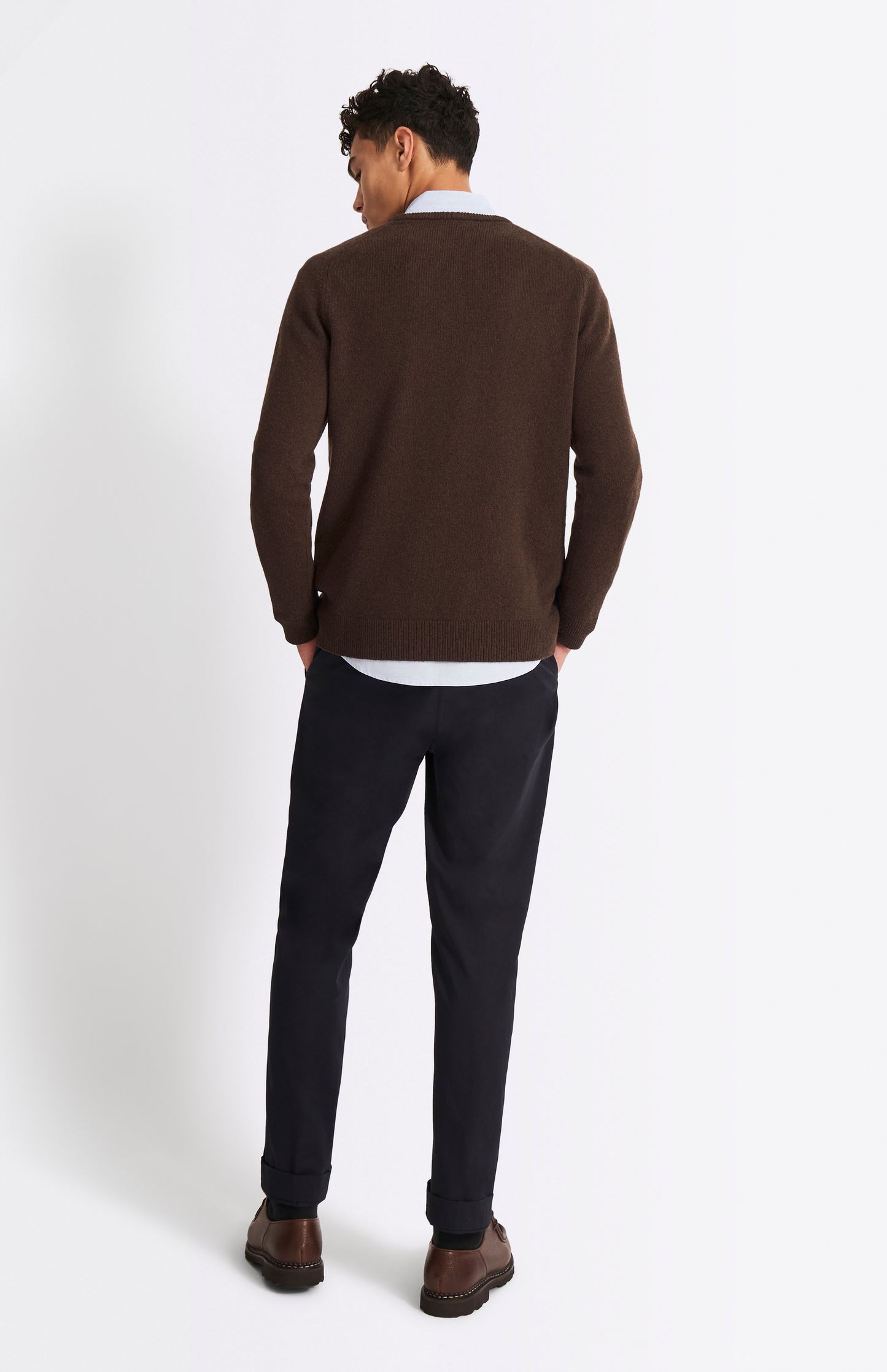 Pringle Men's Round Neck Lambswool Contrast Jumper In Dark Umber rear view