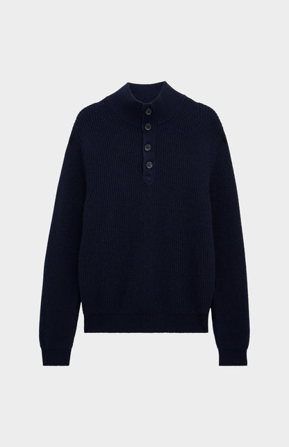 Pringle of Scotland Men’s Cashmere Button Neck Jumper In Navy Blue flat shot