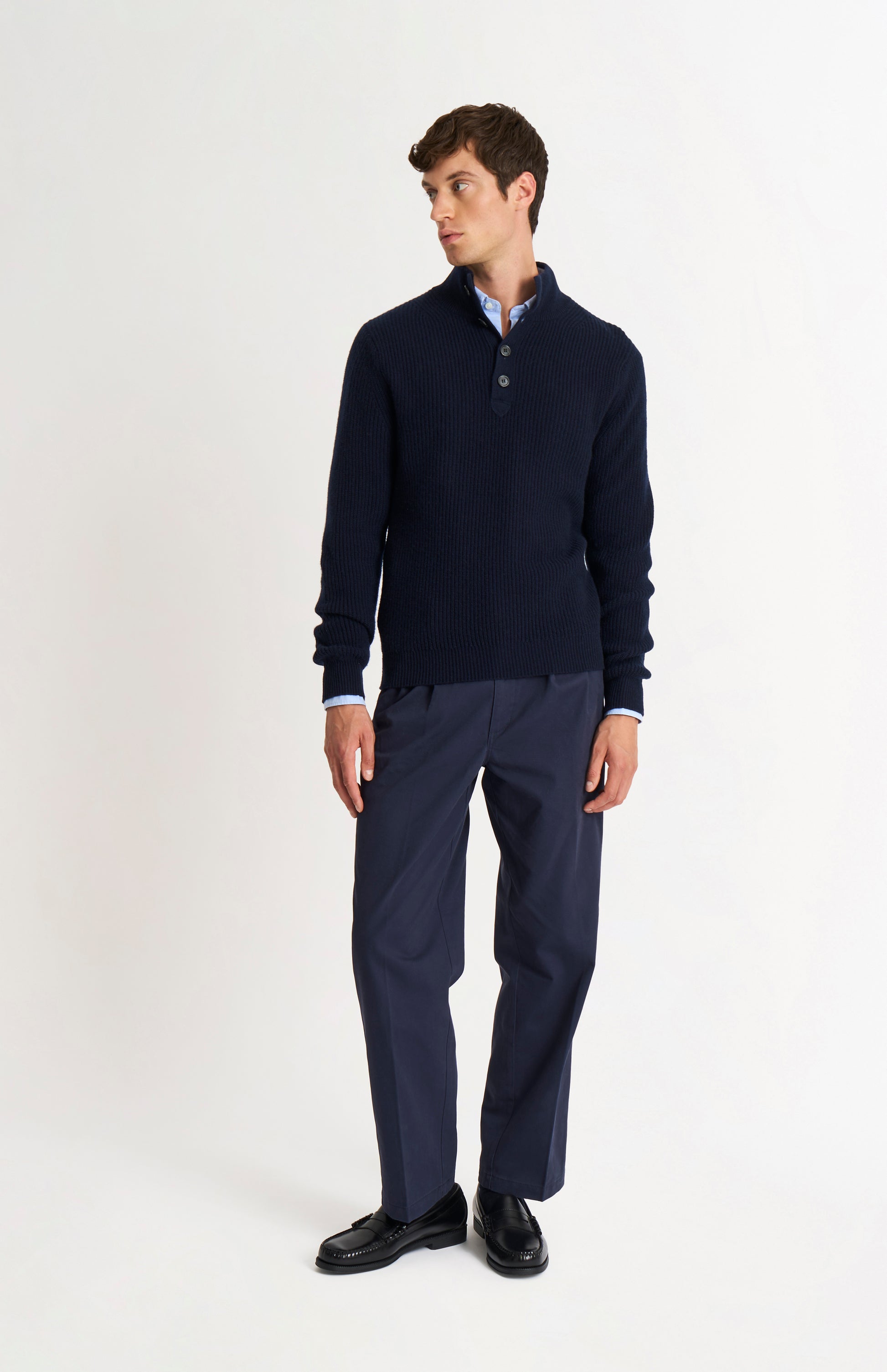 Pringle of Scotland Men’s Cashmere Button Neck Jumper In Navy Blue on model full