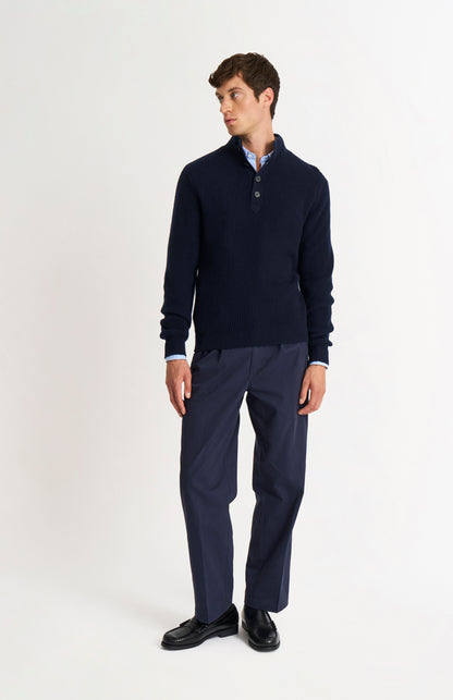 Pringle of Scotland Men’s Cashmere Button Neck Jumper In Navy Blue on model full