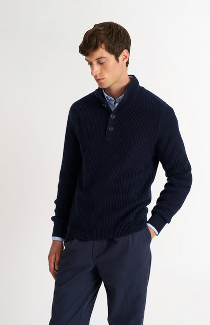 Pringle of Scotland Men’s Cashmere Button Neck Jumper In Navy Blue on model