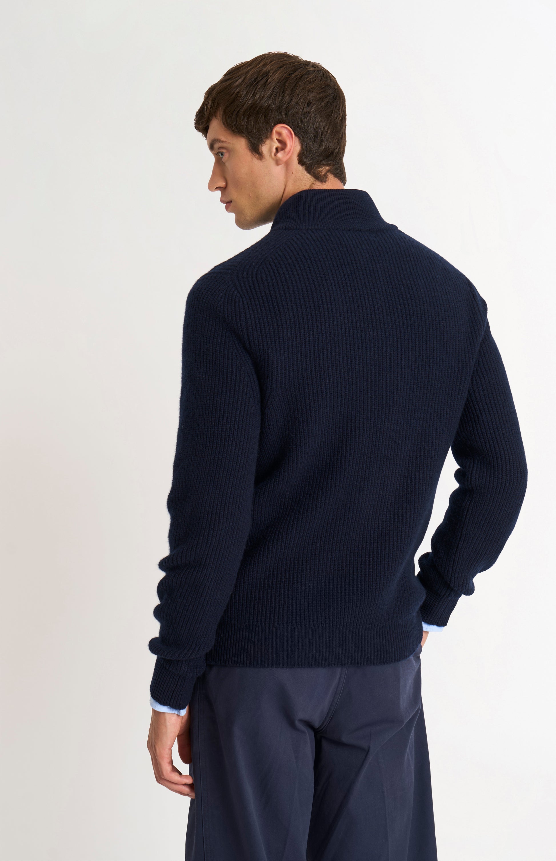 Pringle of Scotland Men’s Cashmere Button Neck Jumper In Navy Blue rear view
