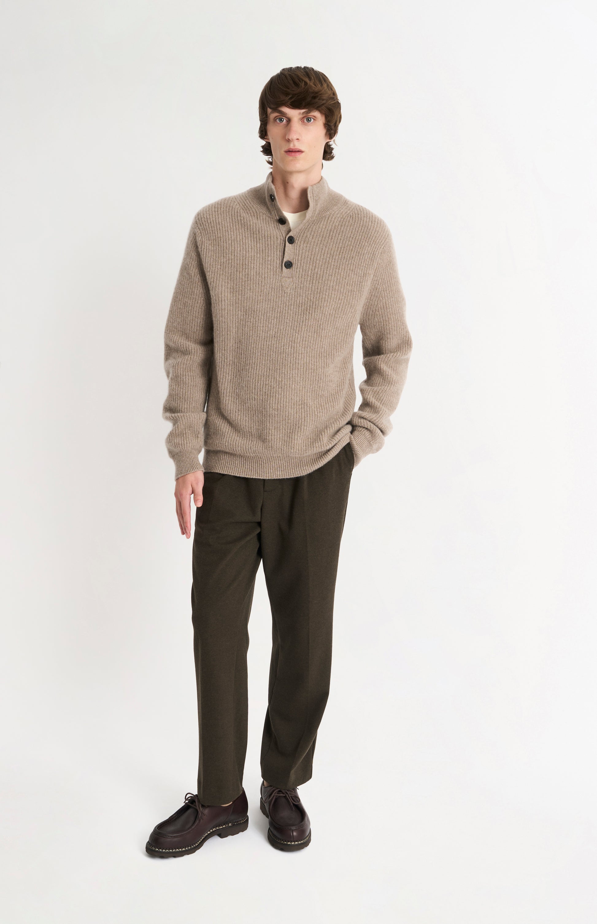 Pringle Men’s Cashmere Button Neck Jumper In Mushroom Melange on model full length