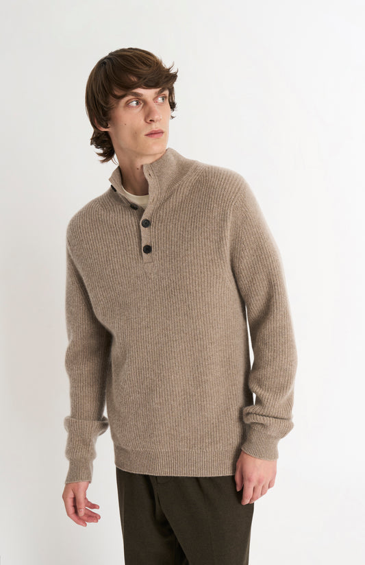 Men's Button Neck Rib Cashmere Jumper In Mushroom Melange