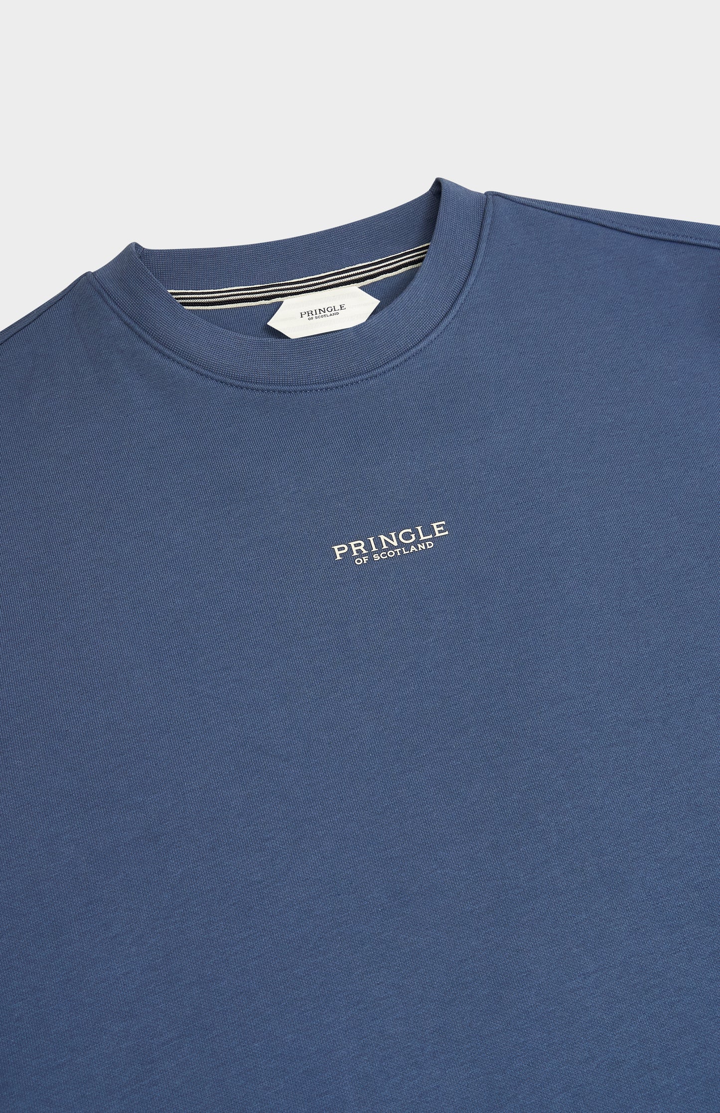 Pringle of Scotland Men's Crew Neck Sweatshirt In Bering Sea Blue neck and logo detail