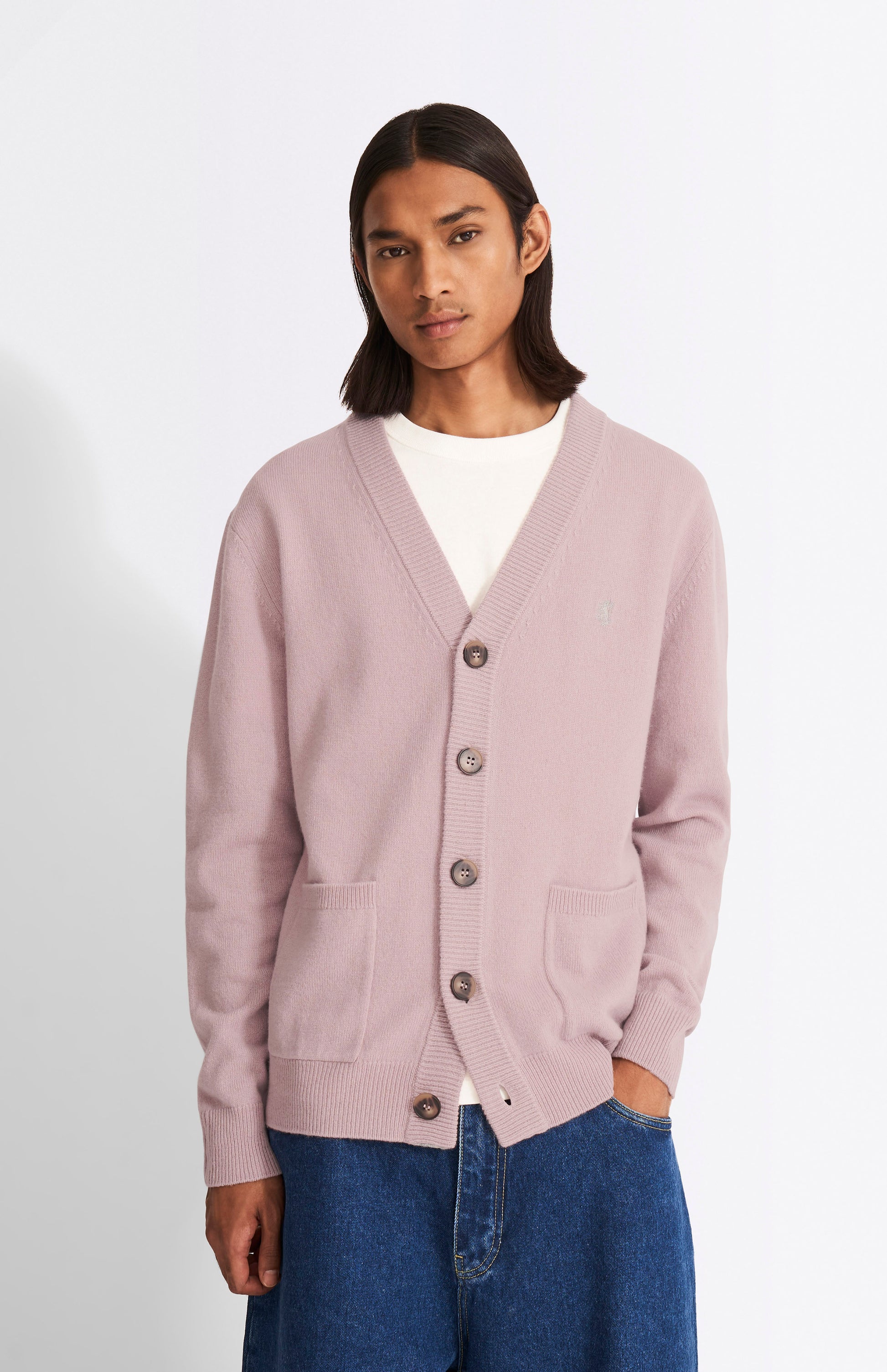 Pringle of Scotland Men's V Neck Lambswool Cardigan In Dusty Pink