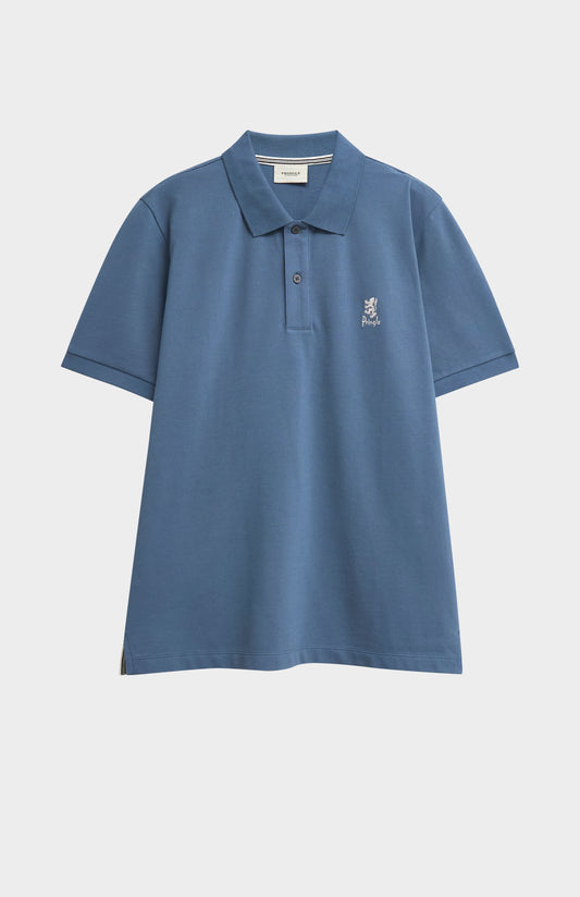 Blue polo shirt with a small logo on a light gray background