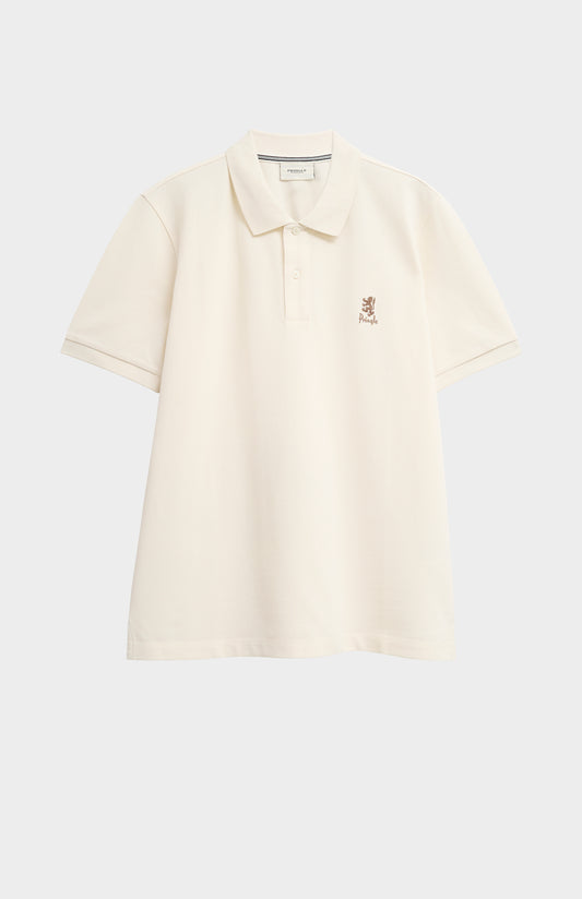 Beige polo shirt with a small logo on a white background