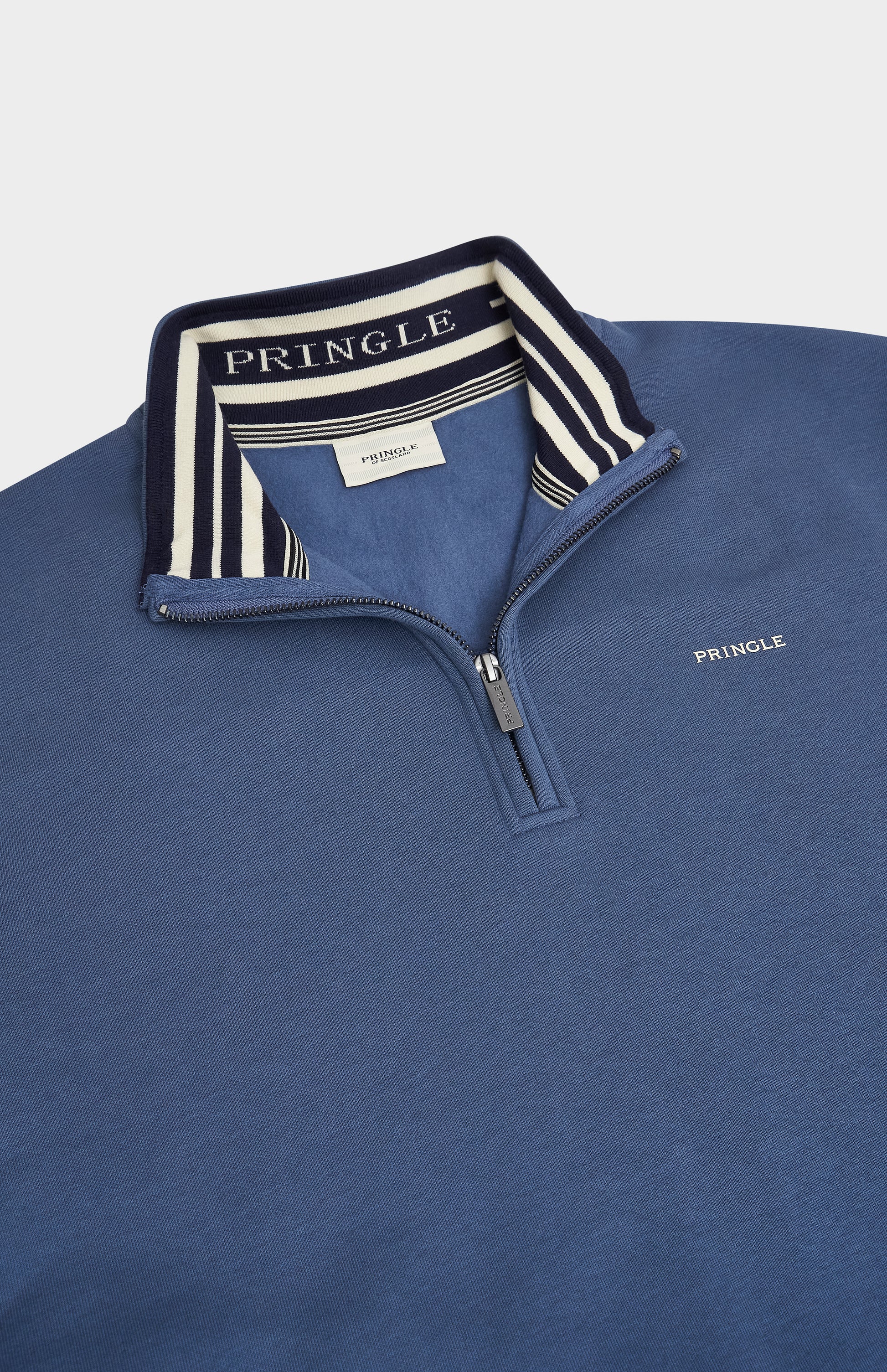 Pringle Men's Qtr Zip Track Jumper In Bearing Sea Blue neck house stripe detail