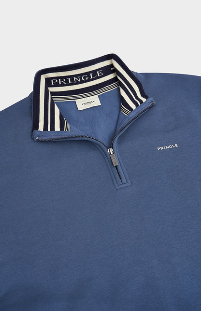 Pringle Men's Qtr Zip Track Jumper In Bearing Sea Blue neck house stripe detail