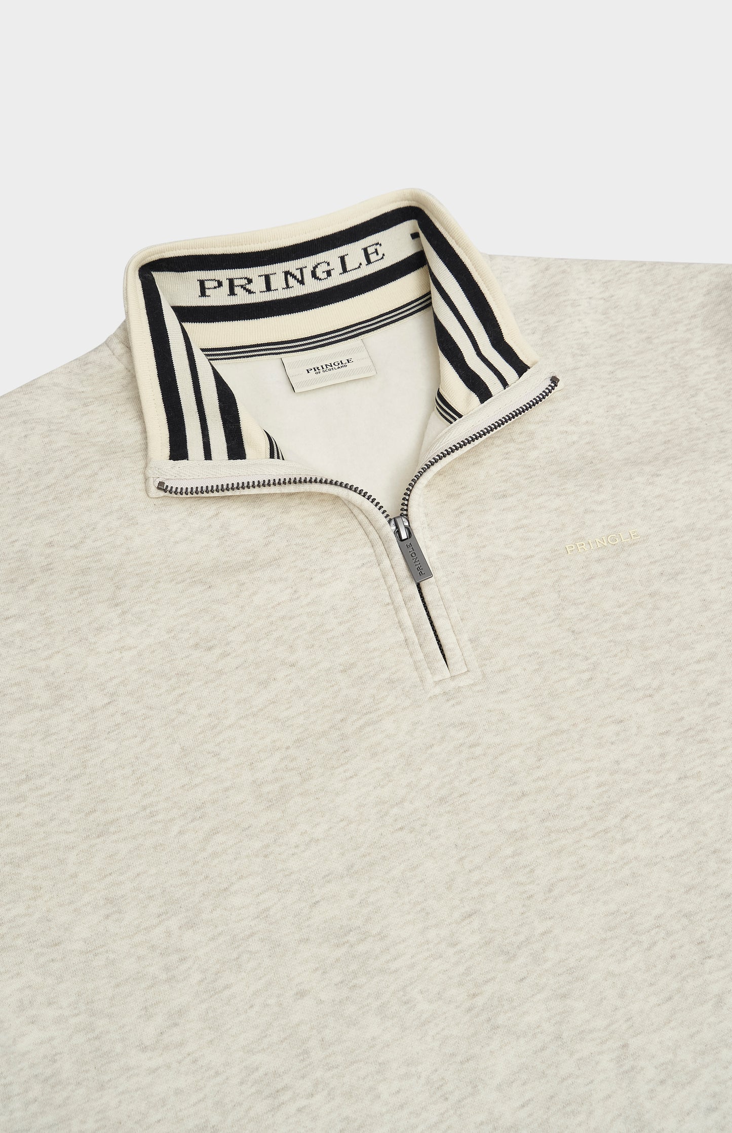 Pringle Men's Qtr Zip Track Jumper In Ecru Beige Melange neck detail showing house stripe