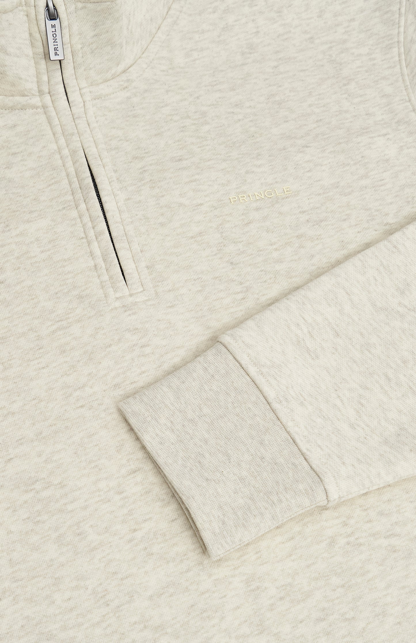 Pringle Men's Qtr Zip Track Jumper In Ecru Beige Melange zip detail