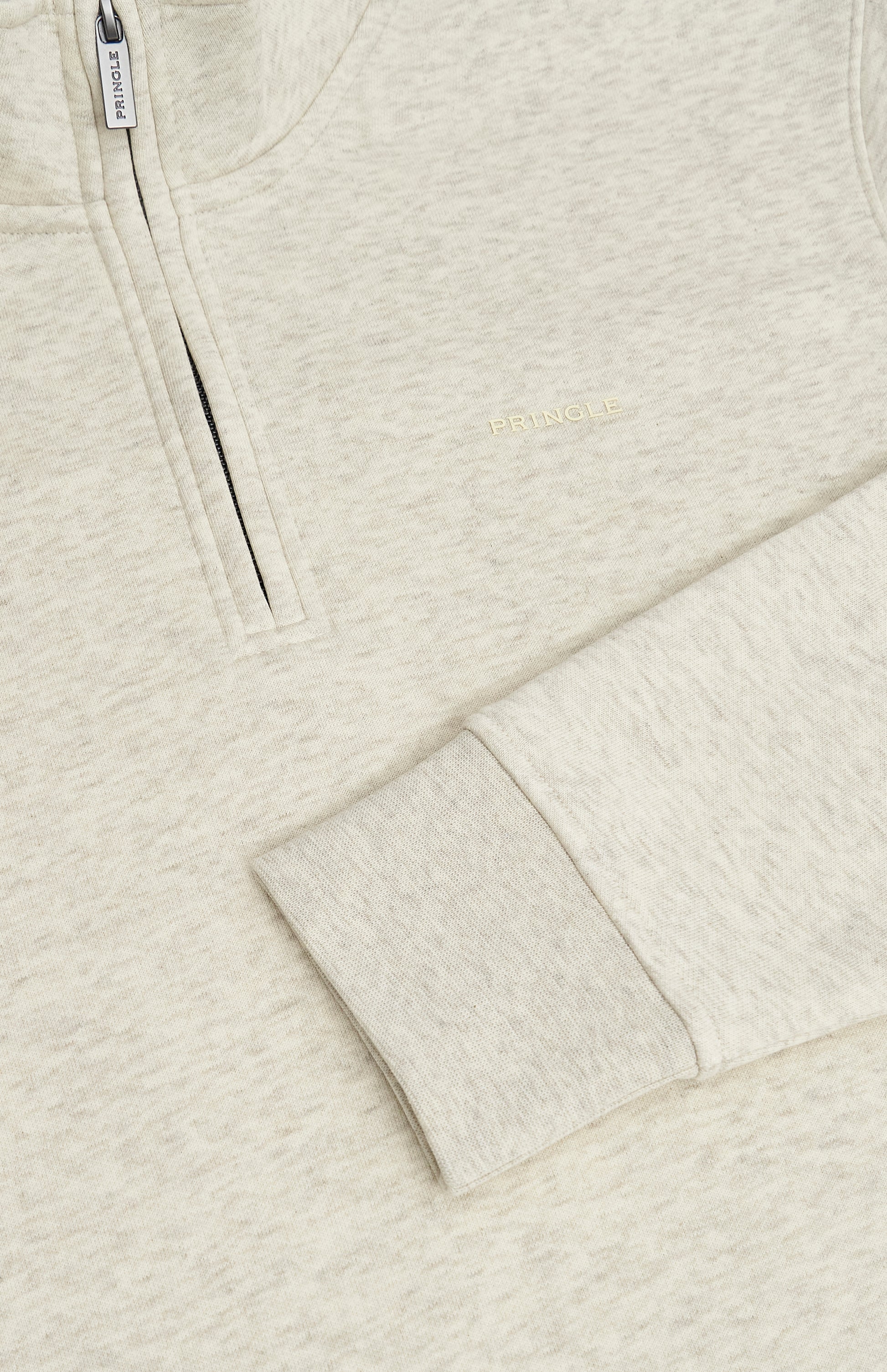 Pringle Men's Qtr Zip Track Jumper In Ecru Beige Melange zip detail