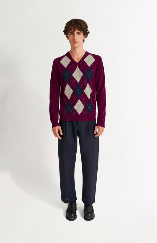 Pringle Men's V Neck Cashmere Argyle Jumper In Burgundy, Navy & Oatmeal on model full length