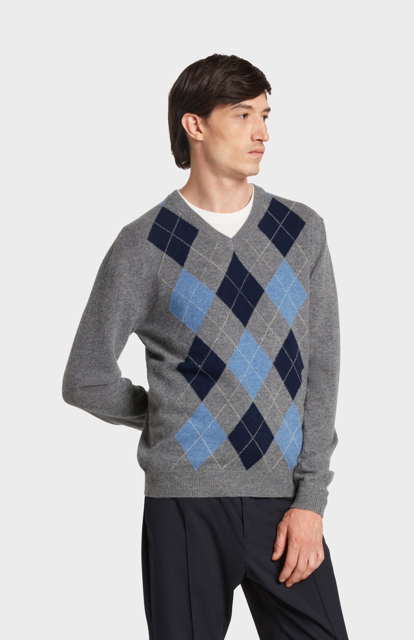 Pringle of Scotland Argyle V Neck Cashmere Jumper in Grey Melange On Model