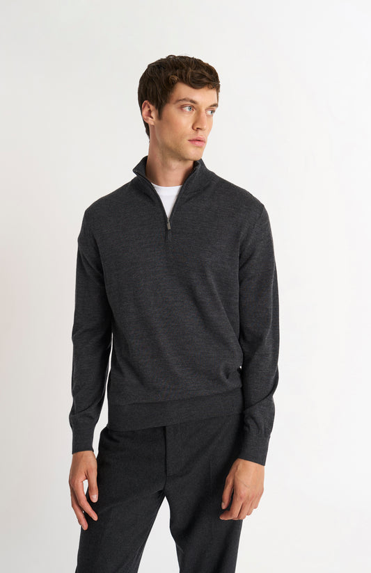 Men's Qtr Zip Extra Fine Merino Wool Jumper In Charcoal