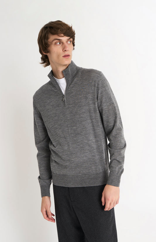 Men's Qtr Zip Extra Fine Merino Wool Jumper In Grey Melange