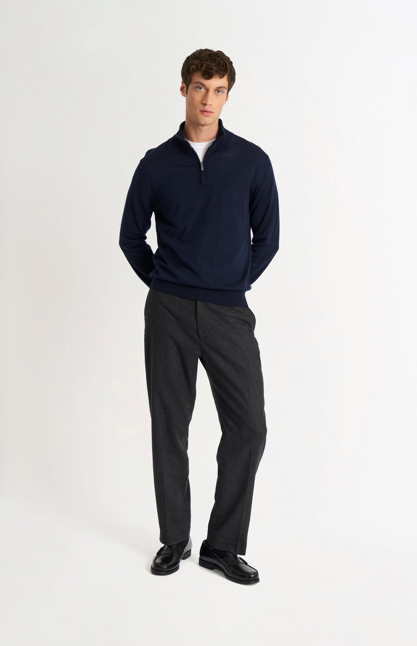 Men's Qtr Zip Extra Fine Merino Wool Jumper In Navy Blue