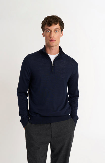 Men's Qtr Zip Extra Fine Merino Wool Jumper In Navy Blue