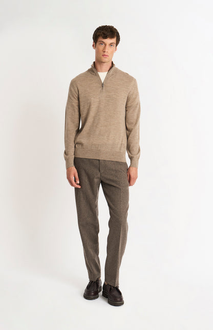 Men's Qtr Zip Extra Fine Merino Wool Jumper In Mushroom Melange