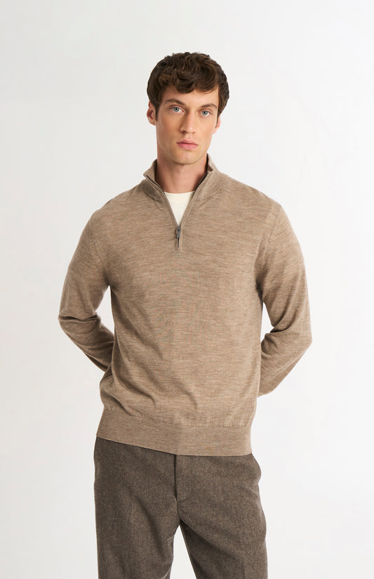 Men's Qtr Zip Extra Fine Merino Wool Jumper In Mushroom Melange